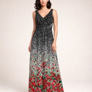 Chaps sleeveless maxi dress XS fit/flare black florals babydoll summer guest